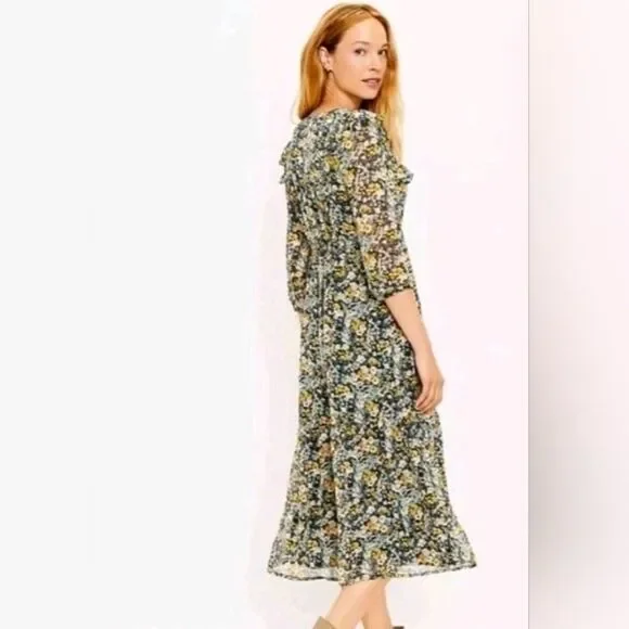 LOFT Floral Midi Shirt Dress Sz XS 0-2 Ruffle Blue Yellow - Picture 9 of 10